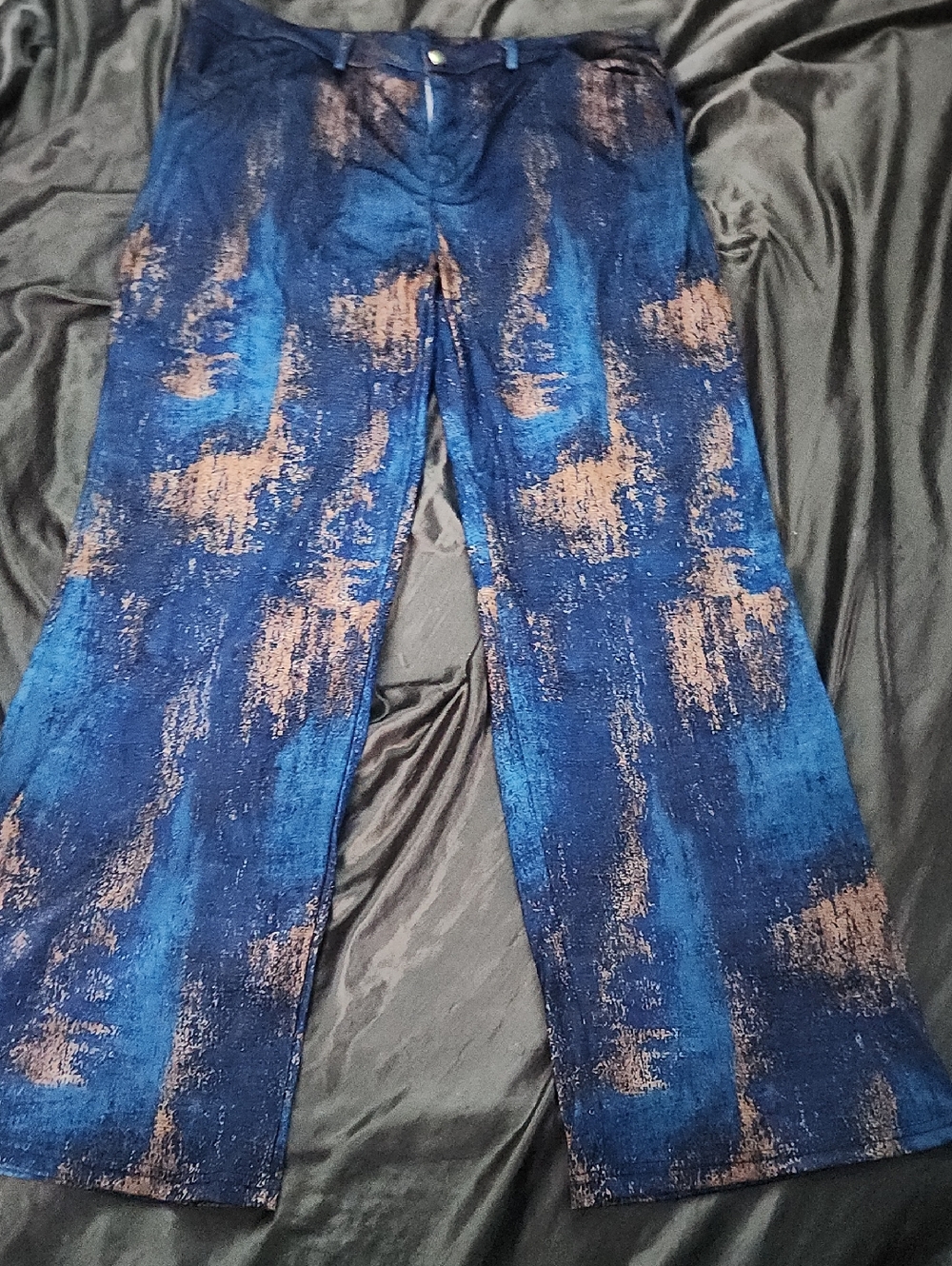 Blue and Copper Abstract Print Wide-Leg Pants
